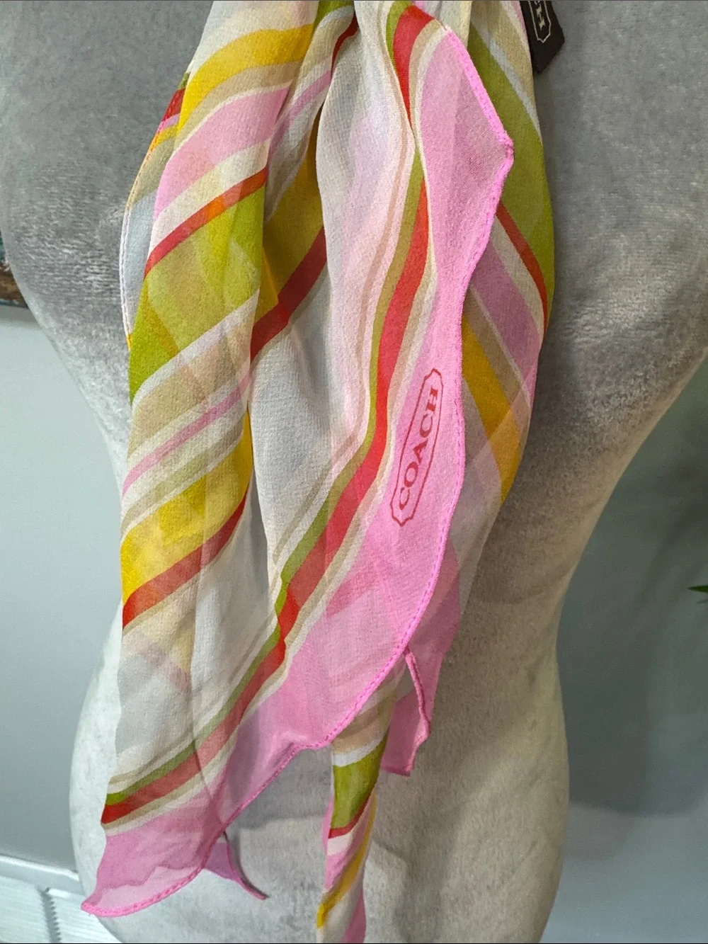 Coach Pink & Green Striped Silk Scarf EUC